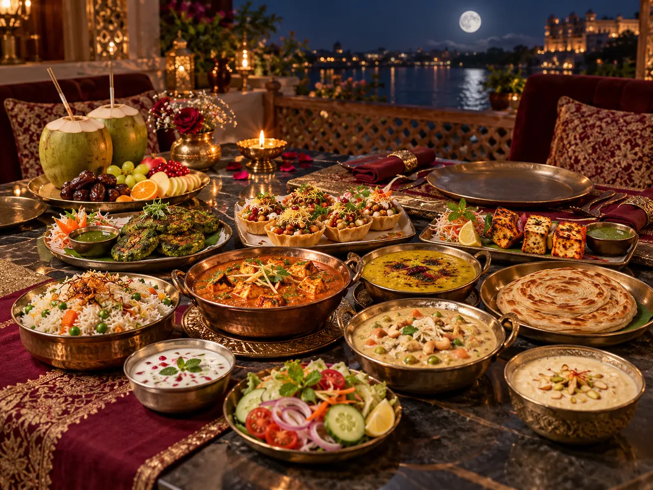 Vegetarian Karwa Chauth fast-breaking dinner spread